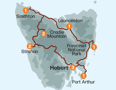 Map of the Tasmanian Wilderness Explorer tour