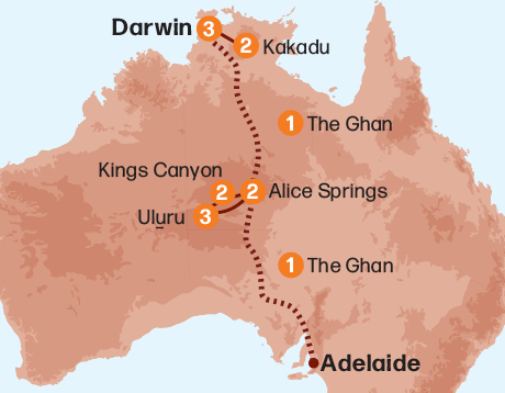 Map of the Ultimate Territory Tour – The Ghan tour