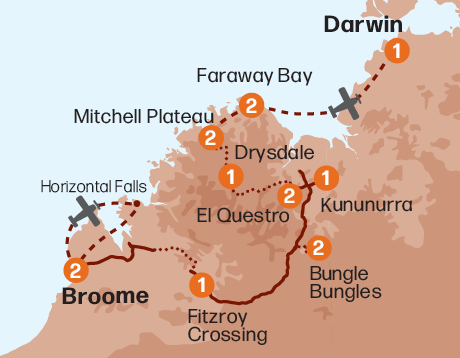 Map of the Jewels of the Kimberley & Faraway Bay tour