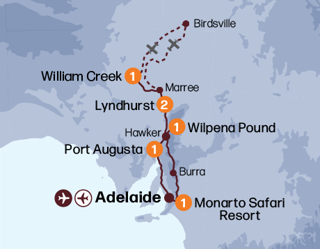 Map of the Kati Thanda-Lake Eyre & Flinders Ranges tour