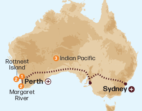 Map of the Margaret River & Rottnest Discovery - Indian Pacific tour