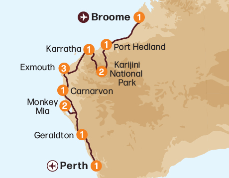 Map of the Pilbara & West Coast Expedition tour