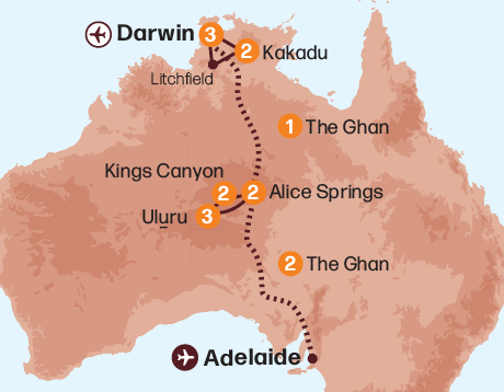 Map of the Ultimate Territory Tour – The Ghan tour