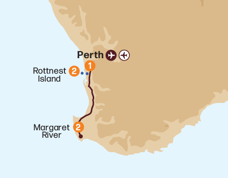 Map of the Margaret River & Rottnest Island Explorer tour
