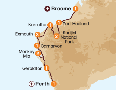 Map of the Pilbara & West Coast Expedition tour