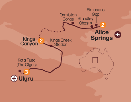 Map of the Red Centre Explorer tour