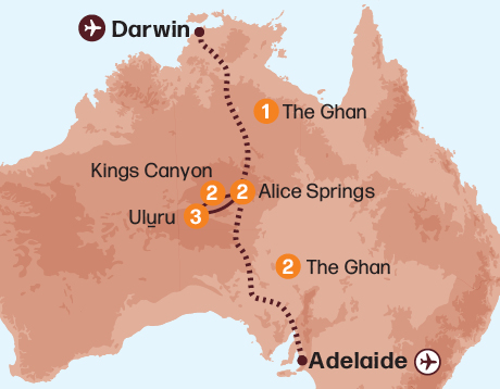 Map of the Red Centre Spectacular – The Ghan tour