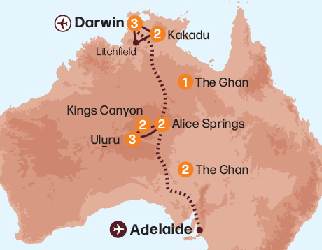 Map of the Ultimate Territory Tour – The Ghan tour